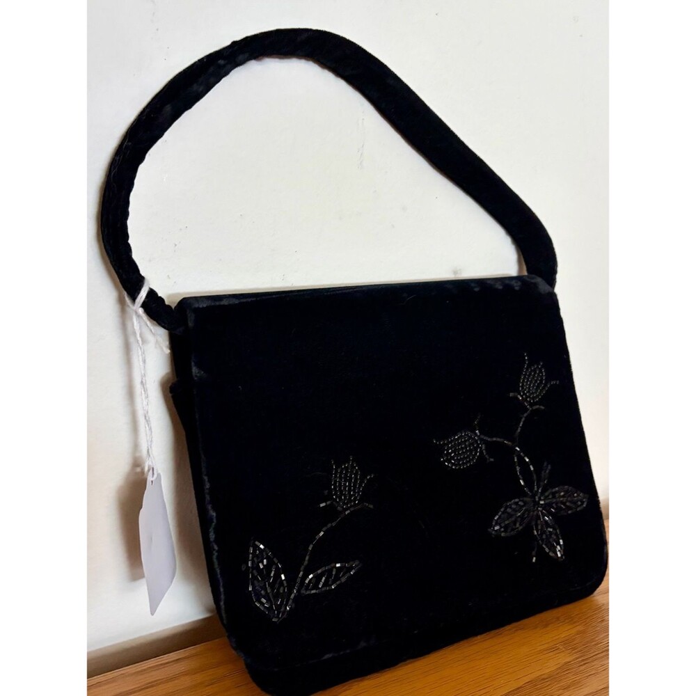 Vintage 90s Y2K Black Velvet Beaded Floral Evening Mini Hand or Shoulder Bag